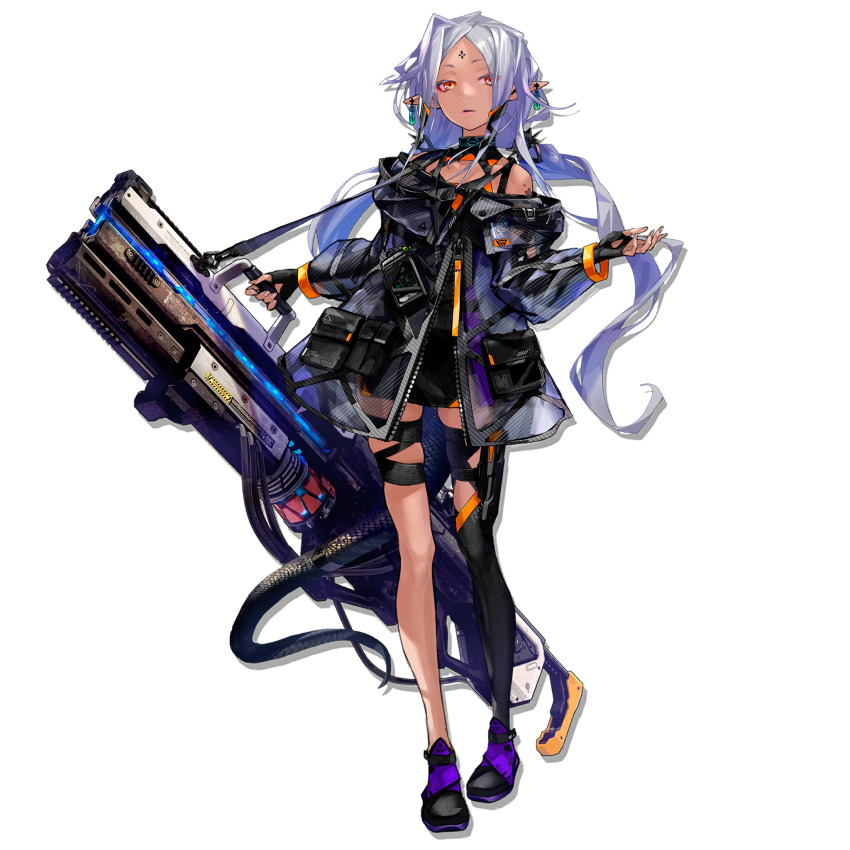 1girl, arknights, bare_shoulders, blue_hair, dark_skin, dress, earrings, facial_mark, forehead, forehead_mark, full_body, glowing_gun_barrel, gradient_hair, gun, half-closed_eyes, halter_dress, halterneck, hands_up, highres, holding, holding_gun, holding_weapon, jacket, jewelry, long_hair, melanite_(arknights), multicolored_hair, off_shoulder, official_art, orange_eyes, pigeon-toed, purple_hair, railgun, redjuice, see-through_clothes, see-through_jacket, shoes, simple_background, single_bare_leg, single_thighhigh, sneakers, solo, standing, thigh_strap, thighhighs, third-party_source, transparent_background, weapon