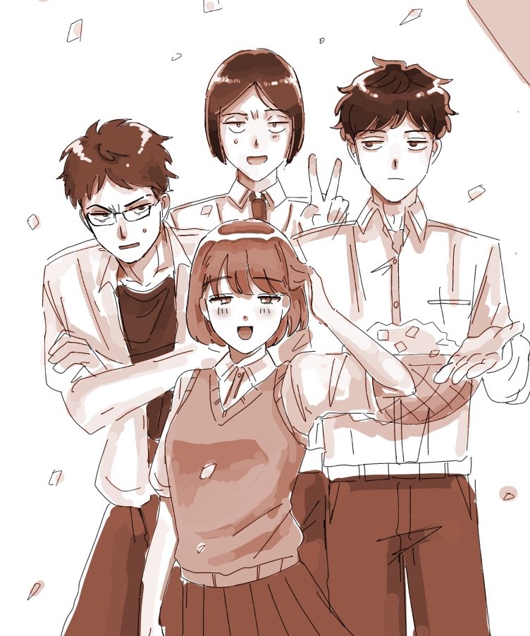 1girl, 3boys, :|, annoyed, basket, blush, breast_pocket, closed_mouth