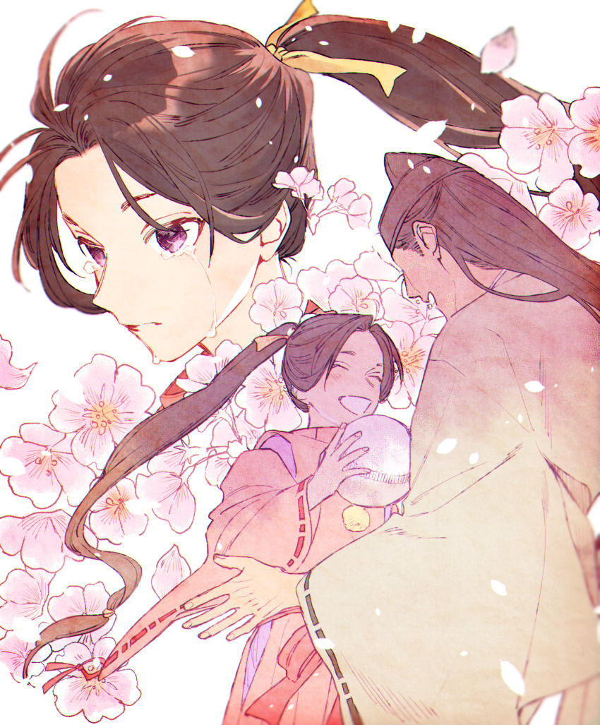 2boys, ^_^, ashikaga_takauji_(nige_jouzu_no_wakagimi), ball, black_hair, cherry_blossoms, closed_eyes, closed_mouth
