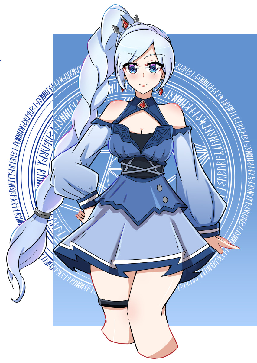 1girl, absurdres, bakuma, bare_shoulders, blue_dress, blue_eyes, braid, braided_ponytail