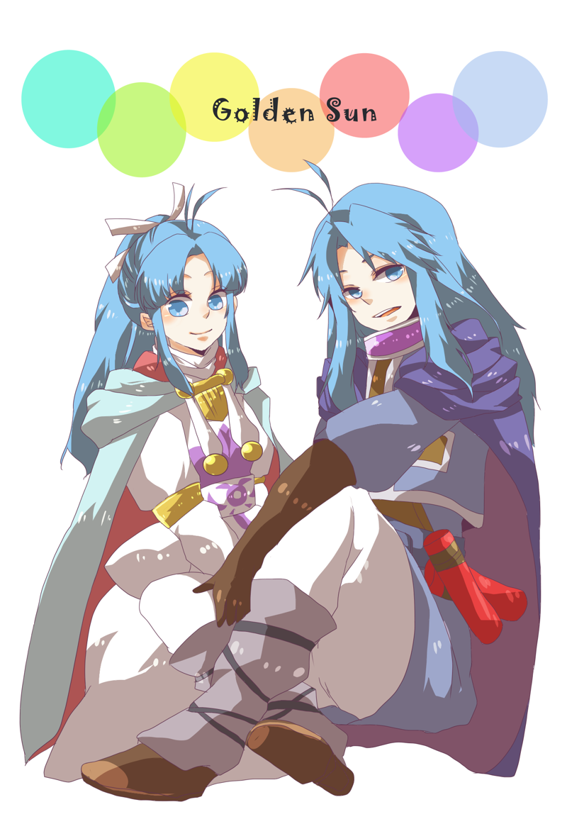 1boy, 1girl, alex_(golden_sun), antenna_hair, aqua_cloak, blue_cloak, blue_eyes, blue_hair