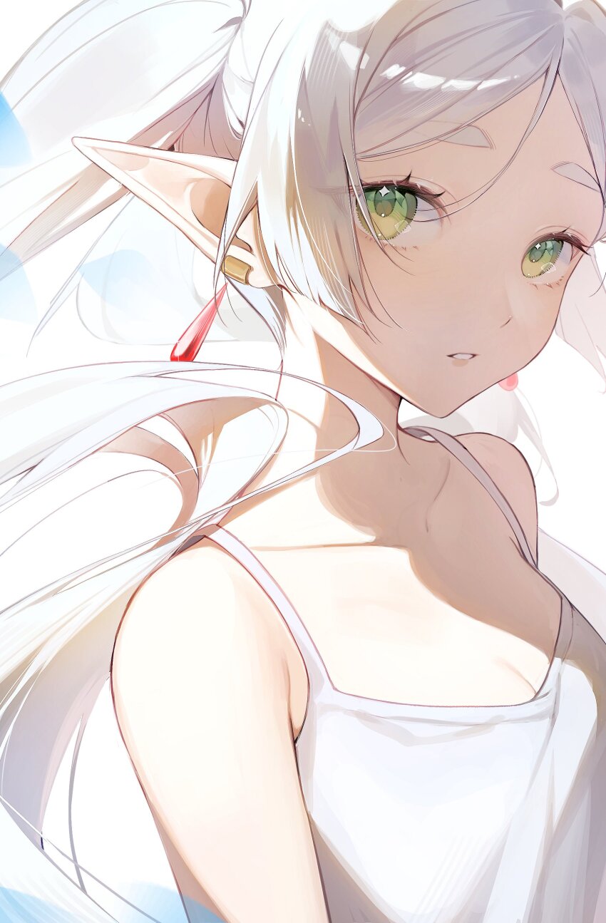 1girl, absurdres, bare_shoulders, breasts, cleavage, earrings, elf, falling_petals, floating_hair, frieren, green_eyes, highres, jewelry, long_hair, long_pointy_ears, looking_at_viewer, mai_(mornmeii), medium_breasts, parted_bangs, parted_lips, petals, pointy_ears, shirt, simple_background, sleeveless, sleeveless_shirt, solo, sousou_no_frieren, teeth, upper_body, white_background, white_hair, white_shirt