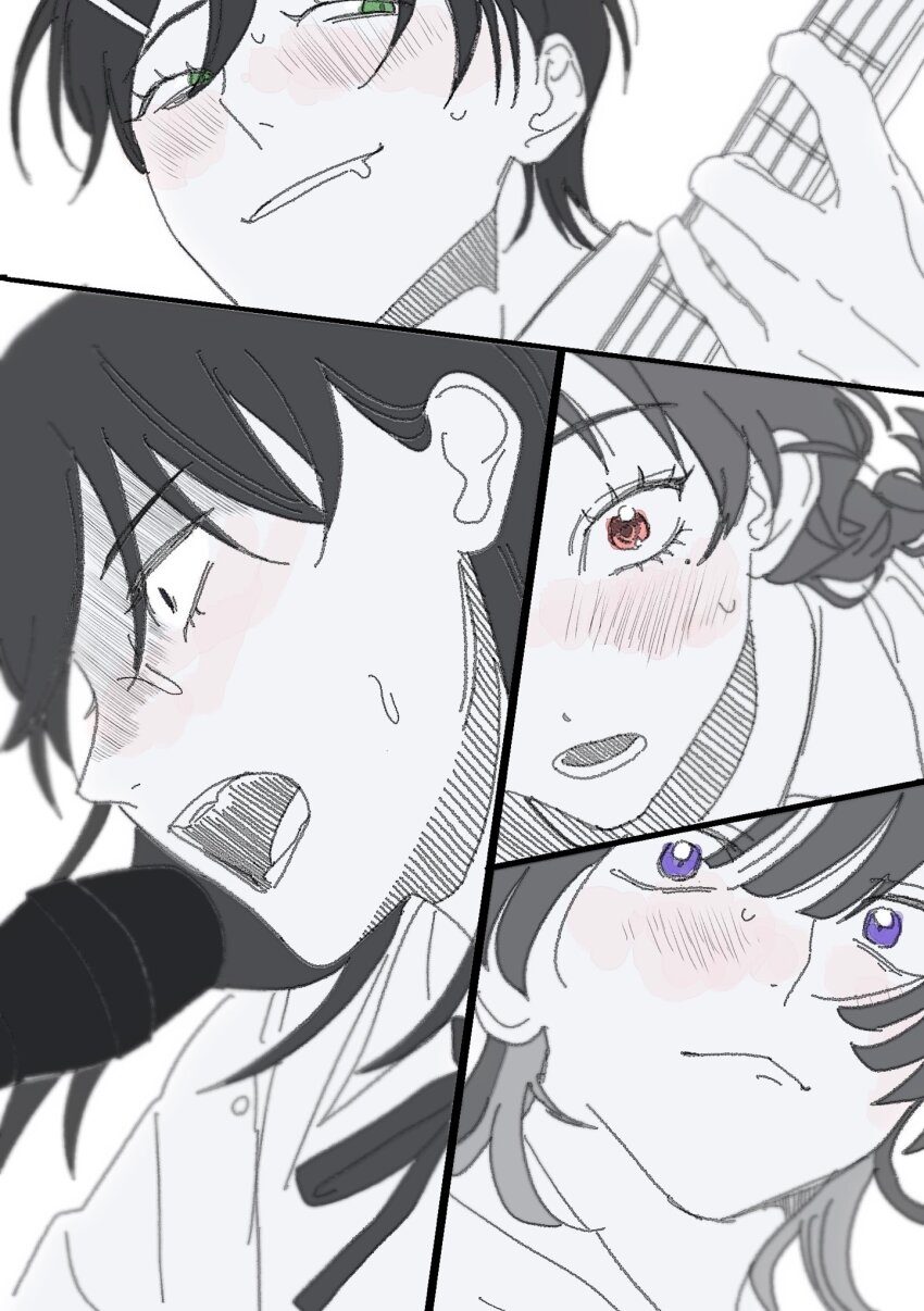 4girls, :o, bass_guitar, black_eyes, blush, braid, close-up, commentary_request