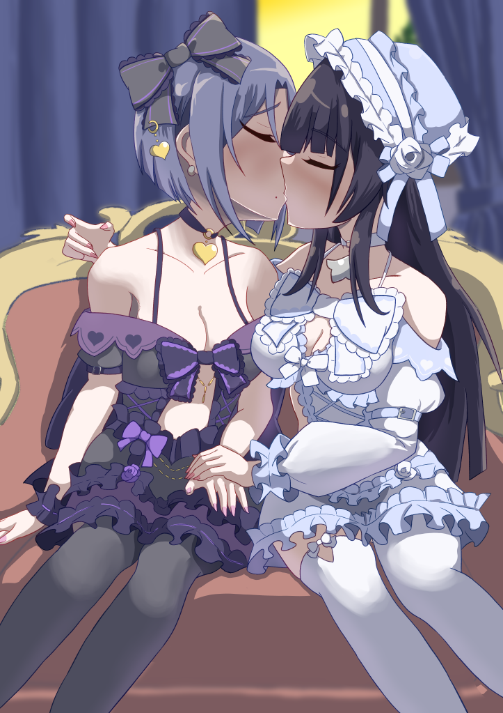 2girls, assault_lily, bare_shoulders, black_bow, black_choker, black_dress, black_hair, black_pantyhose, bow, breasts, choker, cleavage, closed_eyes, commentary_request, dress, grey_hair, hair_bow, heart, heart_choker, holding_hands, indoors, kagawa_makina, kiss, long_hair, long_sleeves, medium_breasts, mole, mole_under_mouth, morimoto_yuni, multiple_girls, off-shoulder_dress, off_shoulder, pantyhose, short_hair, sitting, sonoda_uki, thighhighs, white_dress, white_thighhighs, yuri