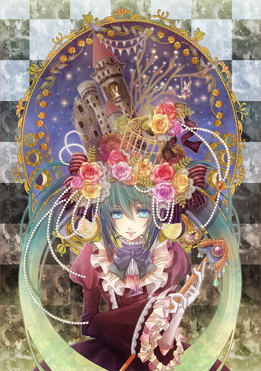 1girl, alice's_adventures_in_wonderland, aqua_eyes, bad_id, bad_pixiv_id, bow, bowtie, castle, checkered_background, dress, elbow_gloves, female_focus, flower, gloves, green_hair, hair_flower, hair_ornament, hair_ribbon, hatsune_miku, highres, long_hair, pocket_watch, rabbit, ribbon, solo, twintails, very_long_hair, vocaloid, watch, yuuduki_lily, yuuzuki_lily