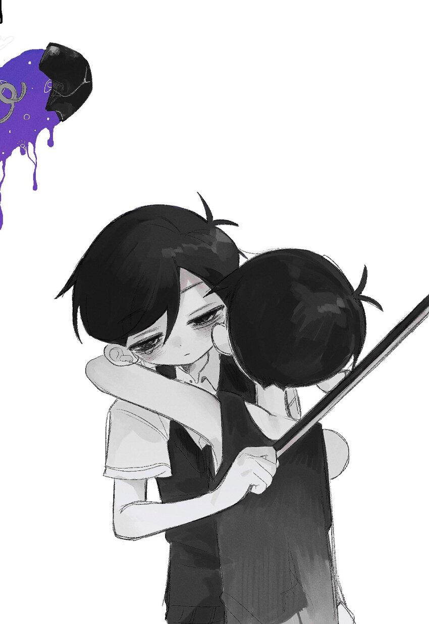 2boys, antenna_hair, black_eyes, black_hair, black_tank_top, bow_(music), closed_mouth, collared_shirt