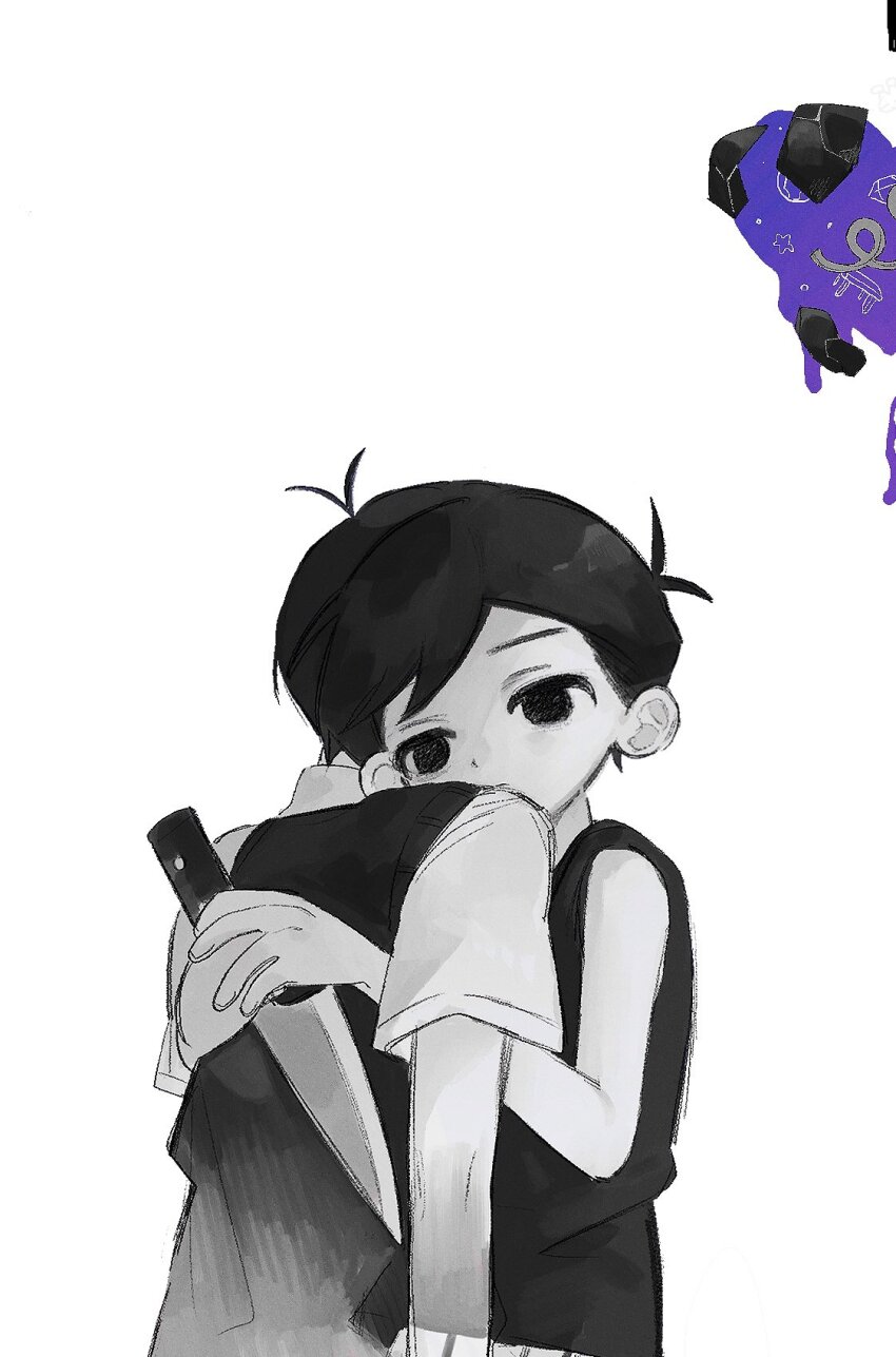 2boys, antenna_hair, black_eyes, black_hair, black_sweater_vest, black_tank_top, collared_shirt, colored_skin