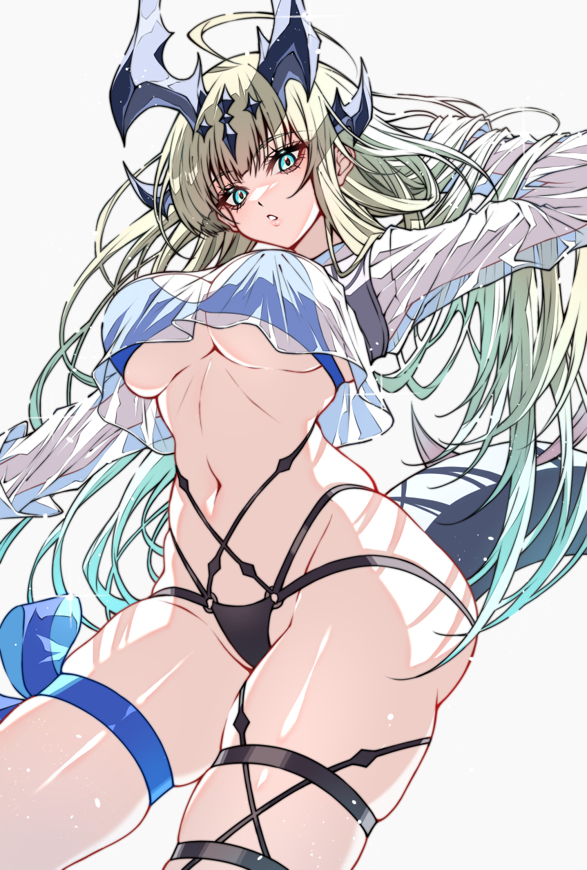 1girl, absurdres, ahoge, aqua_eyes, arknights, arm_up, bikini, black_bikini