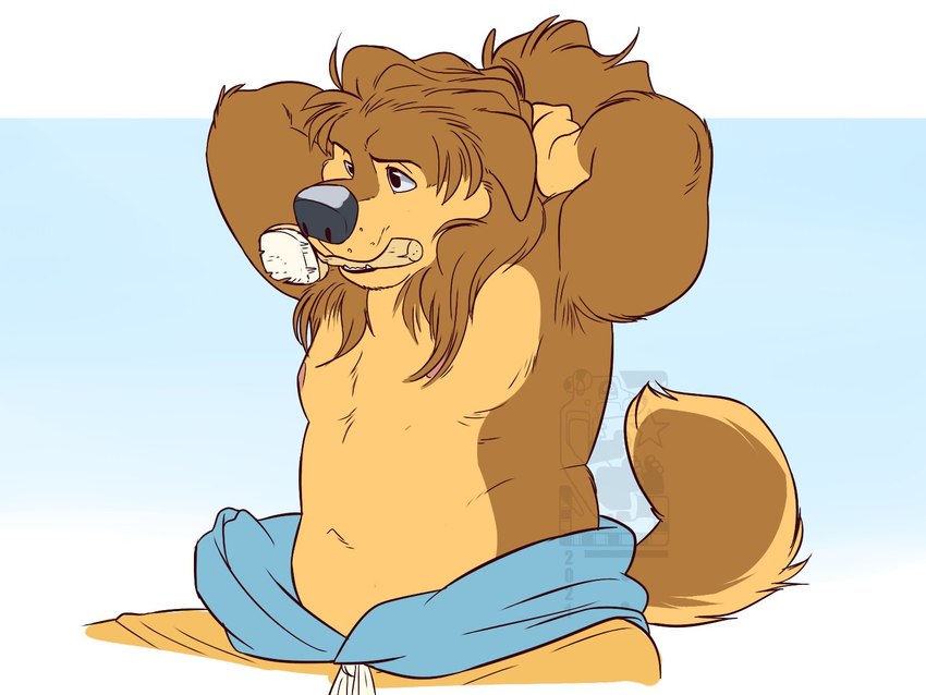 1boy, animal_ears, bad_id, bad_twitter_id, bara, belly, bodi_(rock_dog), brown_fur