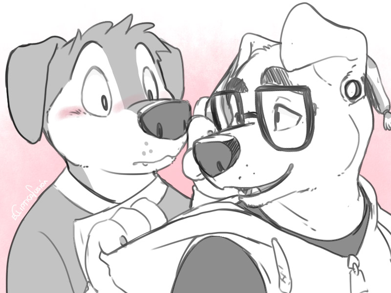 2boys, animal_crossing, animal_ears, blush, bodi_(rock_dog), commentary, dog_boy, dog_ears