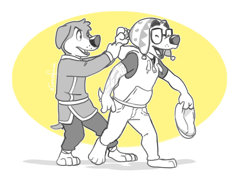 2boys, animal_crossing, animal_ears, bodi_(rock_dog), closed_eyes, commentary, dog_boy, dog_ears