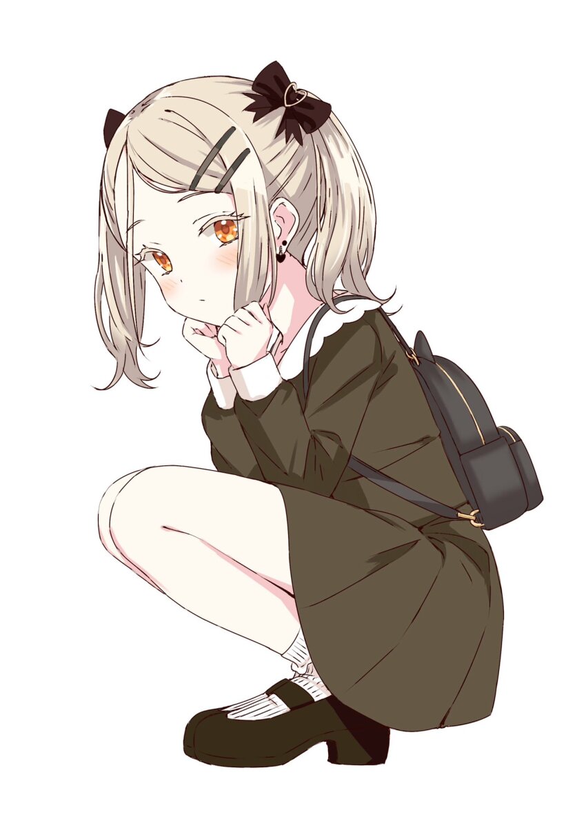 1girl, backpack, bag, blonde_hair, bow, dress, expressionless, full_body