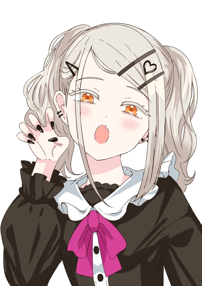 1girl, black_dress, black_nails, blush, claw_pose, dress, ear_piercing, fang, fingernails, gakuen_idolmaster, grey_hair, hair_ornament, hairclip, heart, heart_hair_ornament, highres, idolmaster, ituki_tubomi, long_fingernails, long_hair, looking_at_viewer, open_mouth, orange_eyes, piercing, shinosawa_hiro, simple_background, solo, twintails, upper_body, white_background