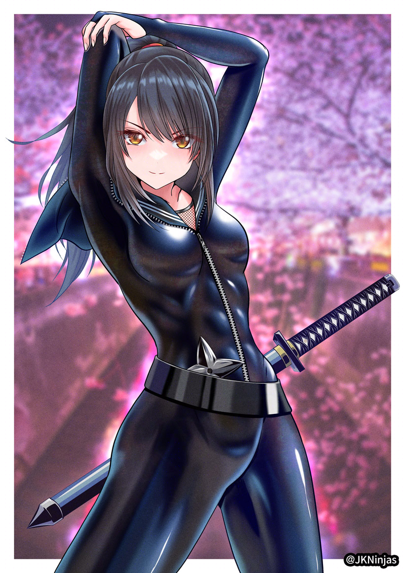 1girl, arms_up, black_hair, black_sailor_collar, bodysuit, breasts, bridal_gauntlets, i_macoto