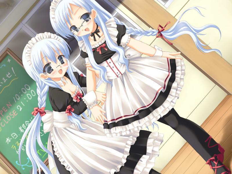 2girls, blue_hair, blush, game_cg, glasses, hajimete_no_otetsudai, long_hair, miyamae_futuha, miyamae_hitoha, multiple_girls, open_mouth, pantyhose, ribbon, siblings, sin-go, sisters, smile, tongue, twins, waitress, yuri