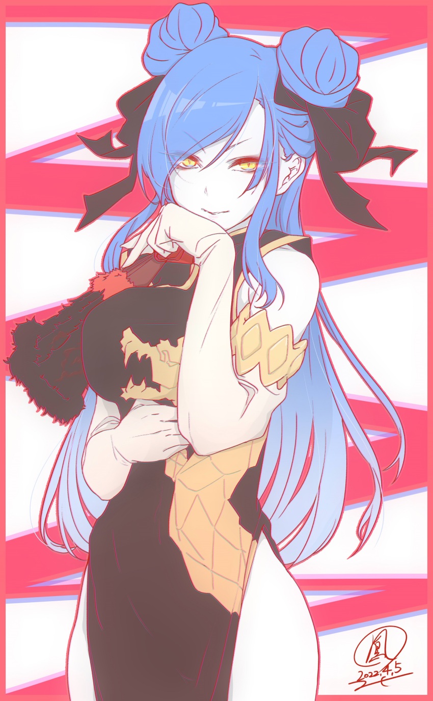 1girl, absurdres, blue_hair, breasts, china_dress, chinese_clothes, detached_sleeves, double_bun