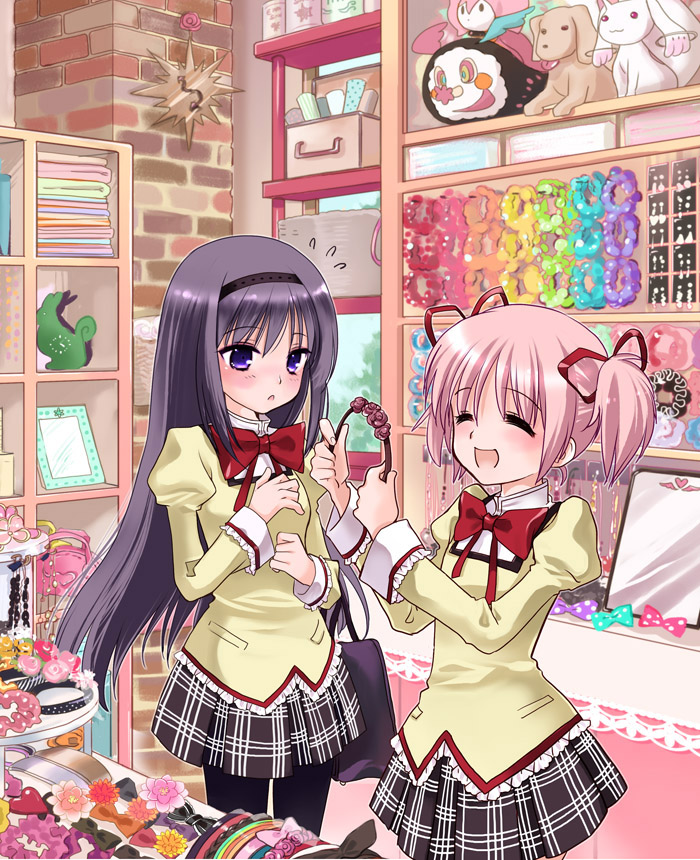 10s, 2girls, akemi_homura, bag, black_hair, character_doll, charlotte_(madoka_magica), closed_eyes