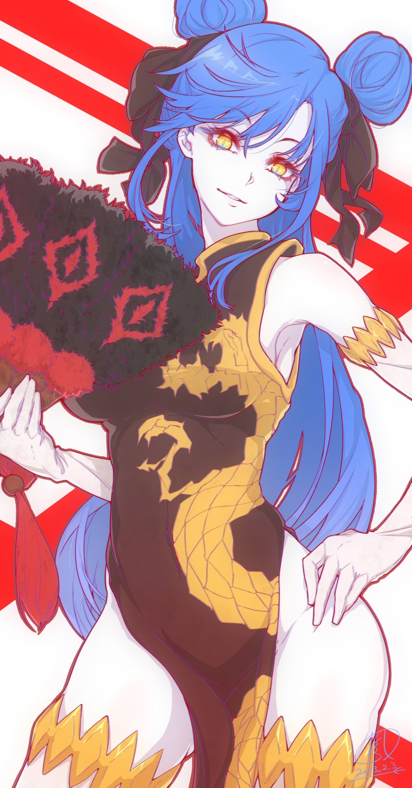 1girl, absurdres, blue_hair, breasts, china_dress, chinese_clothes, detached_sleeves, double_bun