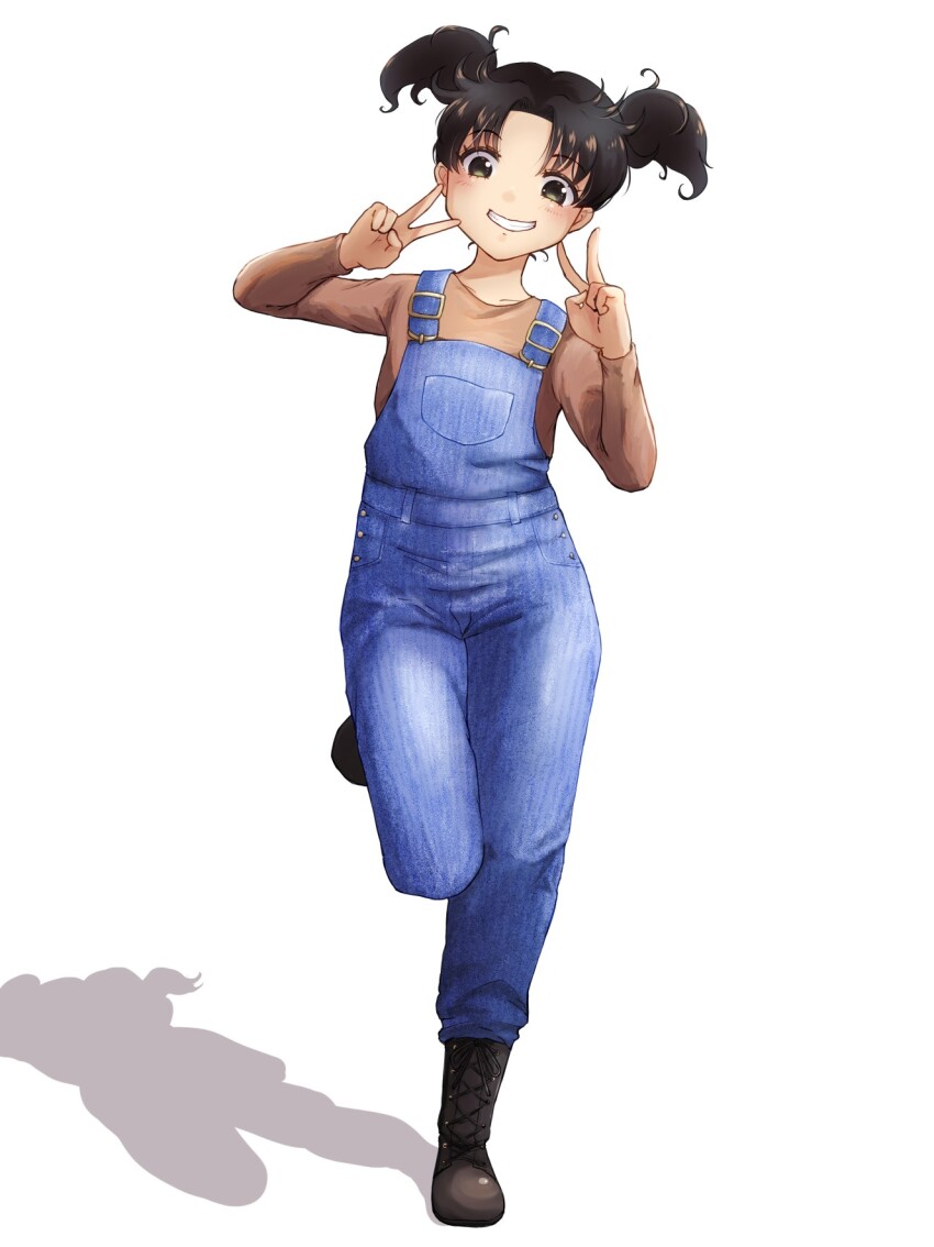 1girl, black_hair, boots, brown_shirt, denim, denim_overalls, double_v, highres, kindaichi_fumi, kindaichi_shounen_no_jikenbo, komena_(shinyday312), lace-up_boots, overalls, parted_bangs, shadow, shirt, short_hair, short_twintails, simple_background, smile, solo, standing, standing_on_one_leg, twintails, v, white_background