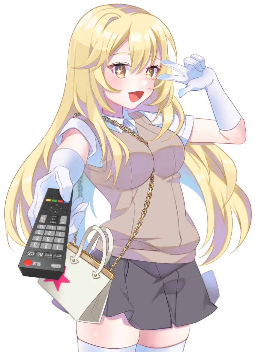 1girl, :d, absurdres, bag, blonde_hair, breasts, brown_sweater_vest, chain, chain_between_breasts, collared_shirt, controller, elbow_gloves, gloves, grey_skirt, handbag, highres, holding, holding_controller, holding_remote_control, large_breasts, long_hair, looking_at_viewer, miniskirt, open_mouth, pleated_skirt, re_mistar, remote_control, school_uniform, shirt, shokuhou_misaki, short_sleeves, simple_background, skirt, smile, solo, sparkling_eyes, star_(symbol), star_print, summer_uniform, sweater_vest, symbol-shaped_pupils, thighhighs, toaru_kagaku_no_mental_out, toaru_kagaku_no_railgun, toaru_majutsu_no_index, tokiwadai_school_uniform, v-neck, very_long_hair, w, white_gloves, white_shirt, white_thighhighs, yellow_eyes, zettai_ryouiki