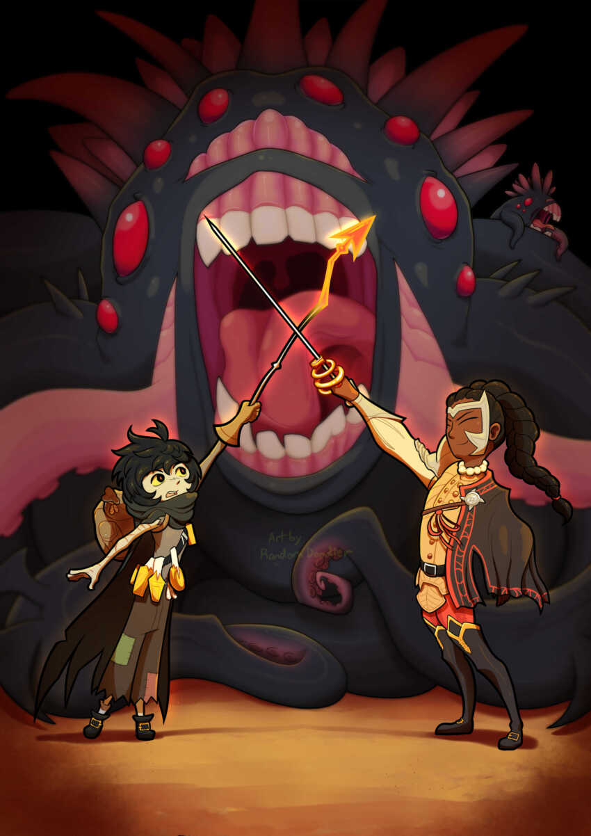 1other, 2girls, absurdres, bag, black_cloak, black_hair, bonnie_(darkest_dungeon), cloak