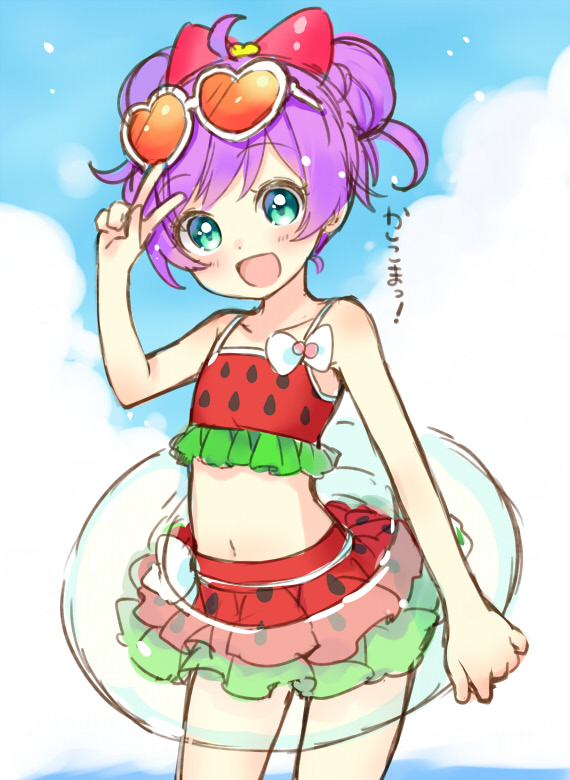 1girl, ahoge, bare_shoulders, blue_sky, bow, cloud, collarbone, cowboy_shot, double_bun, eyewear_on_head, hair_bow, hair_bun, heart, heart-shaped_eyewear, kashikoma!, manaka_laala, melon_print, navel, pretty_series, pripara, sky, solo, sunglasses, swept_bangs, swimsuit, touyama_soboro, translated, v