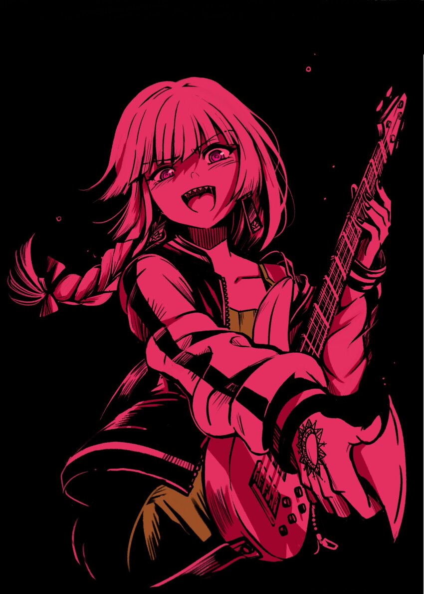 1girl, black_background, bocchi_the_rock!, braid, guitar, hand_tattoo, highres, hiroi_kikuri, instrument, ringed_eyes, sharp_teeth, solo, tanabatman, tattoo, teeth