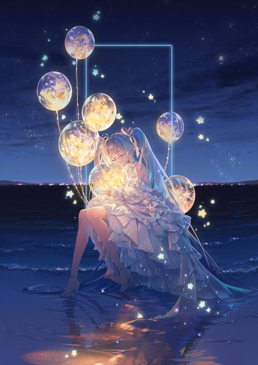1girl, aqua_hair, balloon, bow, bowtie, choker, closed_eyes, commentary, dress, earrings, flower, frilled_choker, frilled_dress, frills, full_body, glowing_flower, hair_between_eyes, hatsune_miku, head_rest, high_heels, highres, holding, holding_balloon, hug, jewelry, layered_dress, long_dress, long_hair, long_sleeves, miku_day, musical_note_earrings, night, off-shoulder_dress, off_shoulder, on_water, ouu_min, petals_in_balloon, see-through_balloon, sitting, sky, solo, star_(symbol), strappy_heels, twintails, very_long_hair, vocaloid, white_bow, white_bowtie, white_choker, white_dress, white_flower