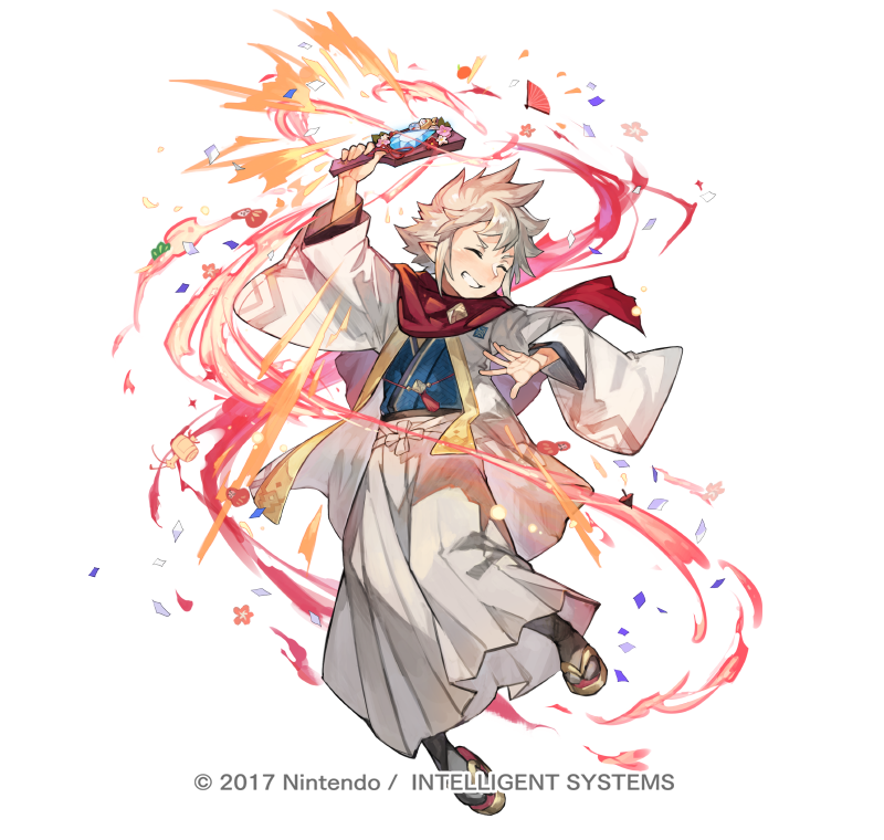 1boy, closed_eyes, copyright_notice, dragonstone, fire_emblem, fire_emblem_fates, fire_emblem_heroes, full_body, grin, hagoita, heart_attack, japanese_clothes, male_kana_(fire_emblem), male_kana_(rising_dragon)_(fire_emblem), kimono, male_focus, nintendo, official_alternate_costume, official_art, paddle, scarf, simple_background, smile, solo, spiked_hair, tapioka_chaso, teeth, v-shaped_eyebrows, white_background, white_hair