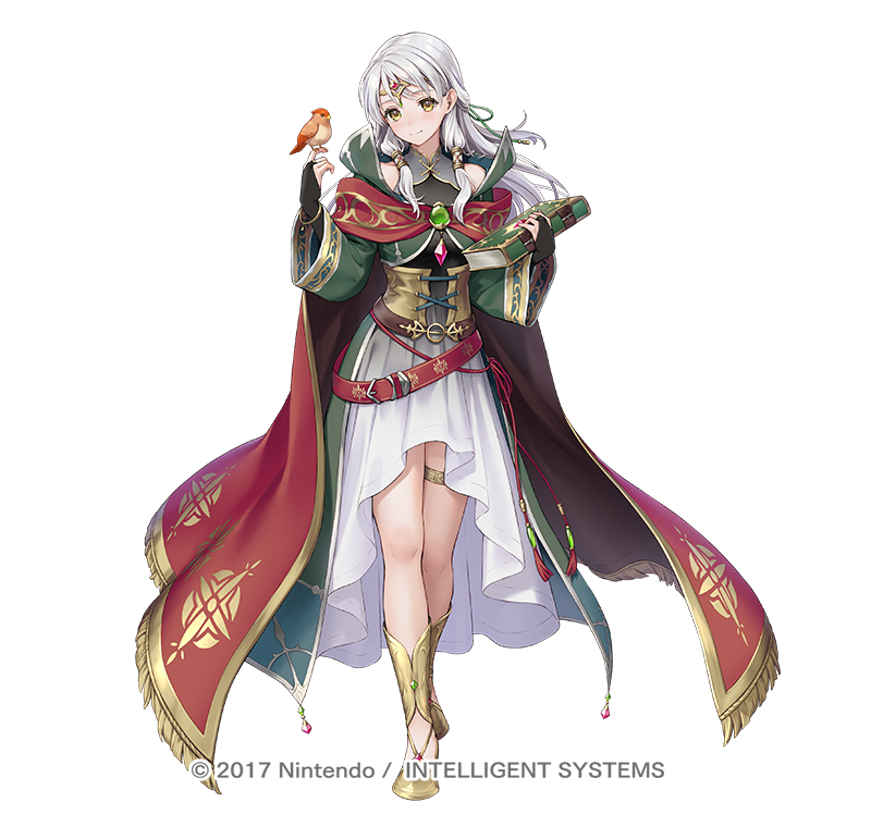 1girl, bird, black_bridal_gauntlets, book, bridal_gauntlets, cape, circlet, cloak, copyright_notice, fire_emblem, fire_emblem:_radiant_dawn, fire_emblem_heroes, full_body, green_cloak, jewelry, long_hair, looking_at_viewer, micaiah_(dawning_maiden)_(fire_emblem), micaiah_(fire_emblem), ne-on, nintendo, official_alternate_costume, official_art, red_cape, simple_background, skirt, smile, solo, tachi-e, thighlet, white_background, white_hair, white_skirt, yellow_eyes, yune_(fire_emblem)
