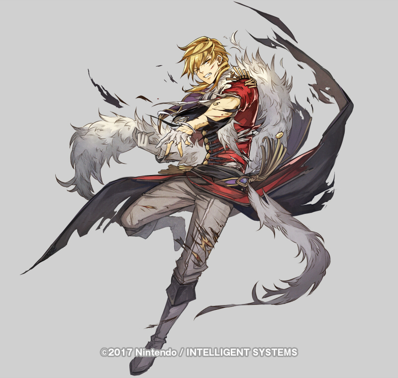 1boy, alternate_costume, blonde_hair, boots, copyright_notice, eldigan_(fire_emblem), eldigan_(masquerade)_(fire_emblem), epaulettes