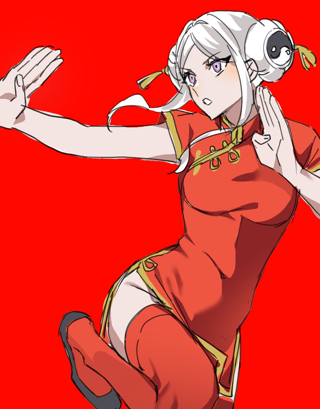 1girl, black_shoes, blush, breasts, cdgm000, china_dress, chinese_clothes, double_bun, dress, edelgard_von_hresvelg, fighting_stance, fire_emblem, fire_emblem:_three_houses, frown, hair_bun, hair_ornament, highres, korean_commentary, medium_breasts, nintendo, purple_eyes, red_background, red_dress, shoes, simple_background, sketch, solo, thighhighs, white_hair, yin_yang