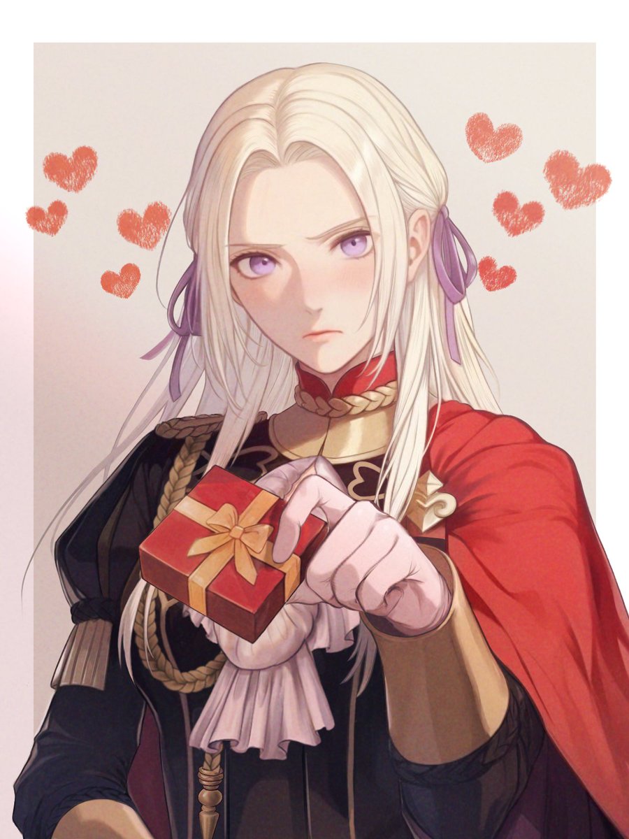1girl, ascot, blush, border, cape, closed_mouth, commentary, edelgard_von_hresvelg
