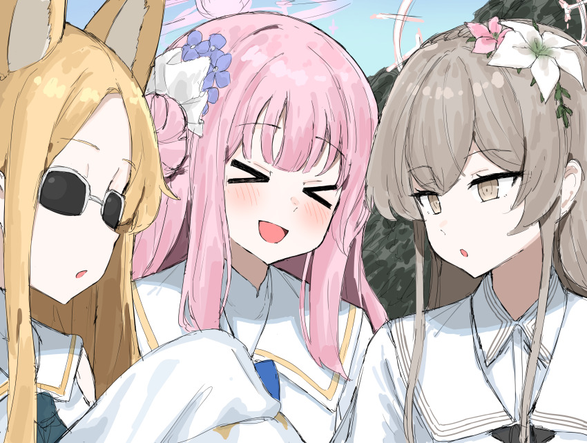 >_<, 3girls, :d, animal_ears, blonde_hair, blue_archive, blush, closed_eyes