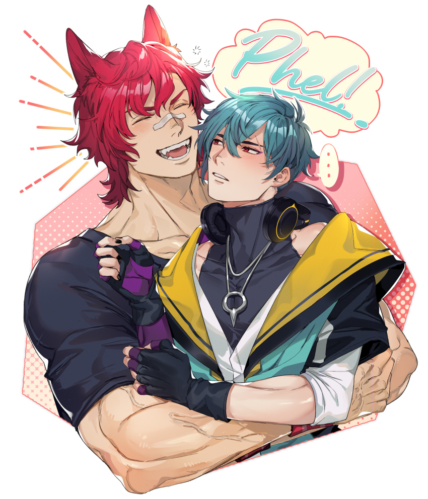..., 00ff42, 2boys, absurdres, animal_ears, aphelios, bandaid, bandaid_on_face, black_nails, black_shirt, blue_hair, character_name, closed_eyes, collarbone, commentary, compression_shirt, cropped_torso, english_commentary, fangs, fingerless_gloves, gloves, grin, hair_between_eyes, halftone, headphones, headphones_around_neck, heartsteel_aphelios, heartsteel_sett, highres, hug, jacket, jewelry, league_of_legends, male_focus, multiple_boys, nail_polish, necklace, official_alternate_costume, open_mouth, parted_lips, red_eyes, red_hair, scar, scar_on_face, scar_on_forehead, sett_(league_of_legends), shirt, short_sleeves, smile, speech_bubble, spoken_ellipsis, squeans, t-shirt, teeth, tongue, veins, veiny_arms, white_background