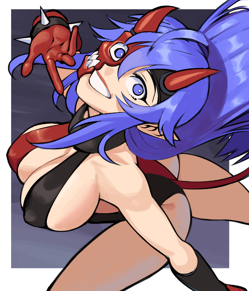 1girl, absurdres, black_leotard, blue_eyes, blue_hair, breasts, cleavage, commentary