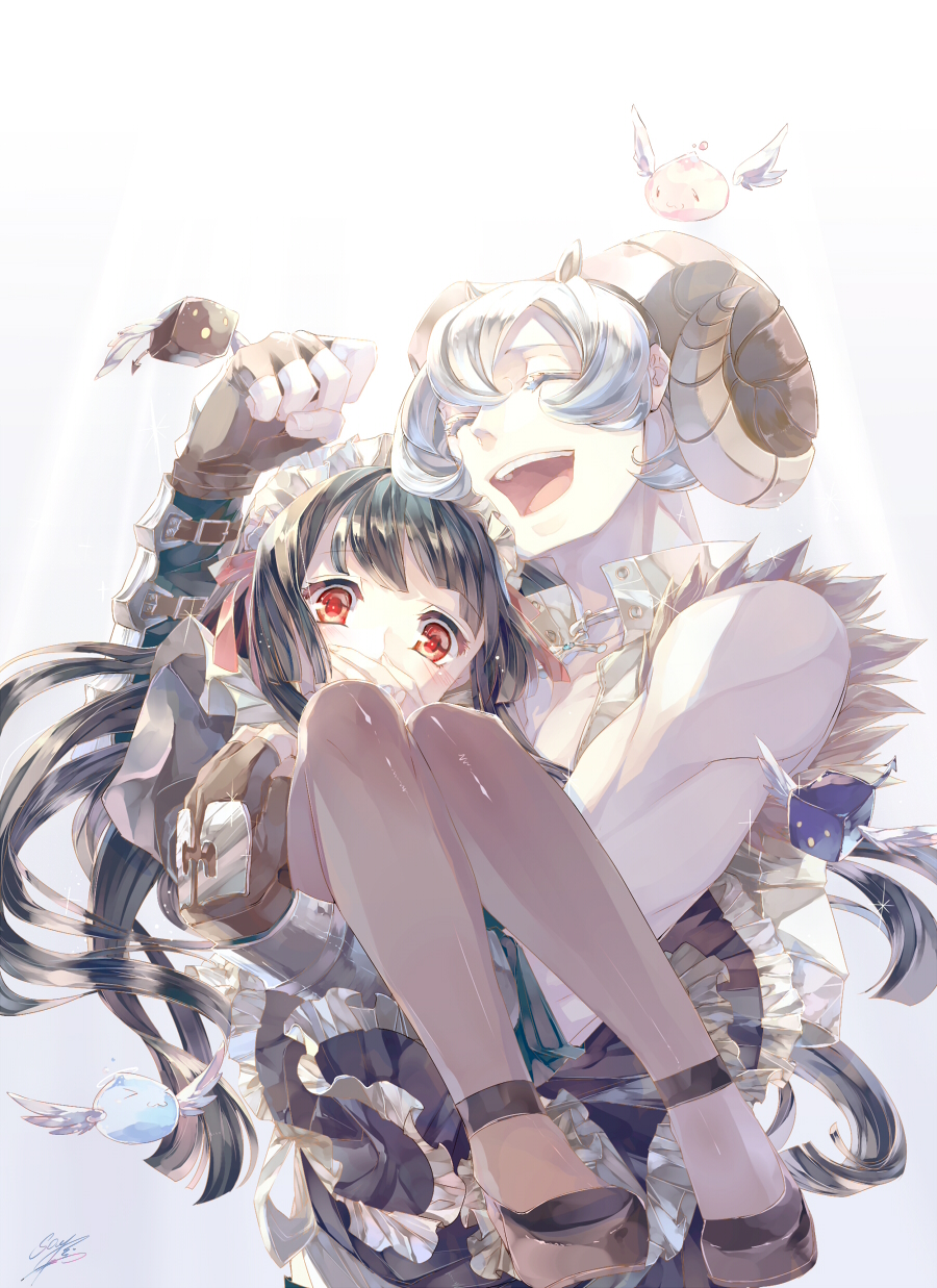 1boy, 1girl, alice_(ragnarok_online), angeling, black_dress, black_hair, black_shoes, brown_gloves