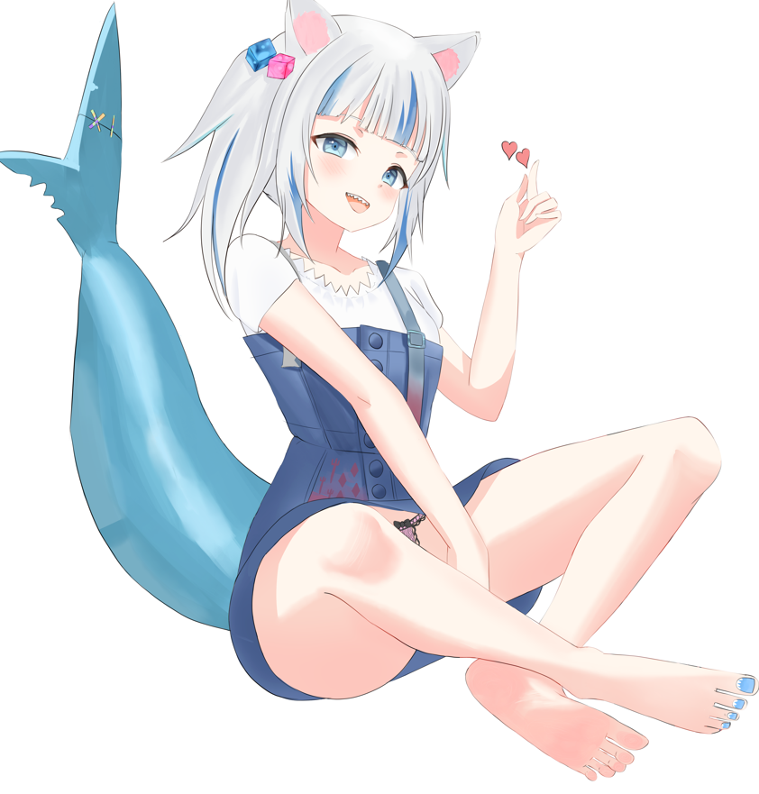 1girl, :d, animal_ear_fluff, animal_ears, asymmetrical_hair, bare_legs, barefoot, between_legs