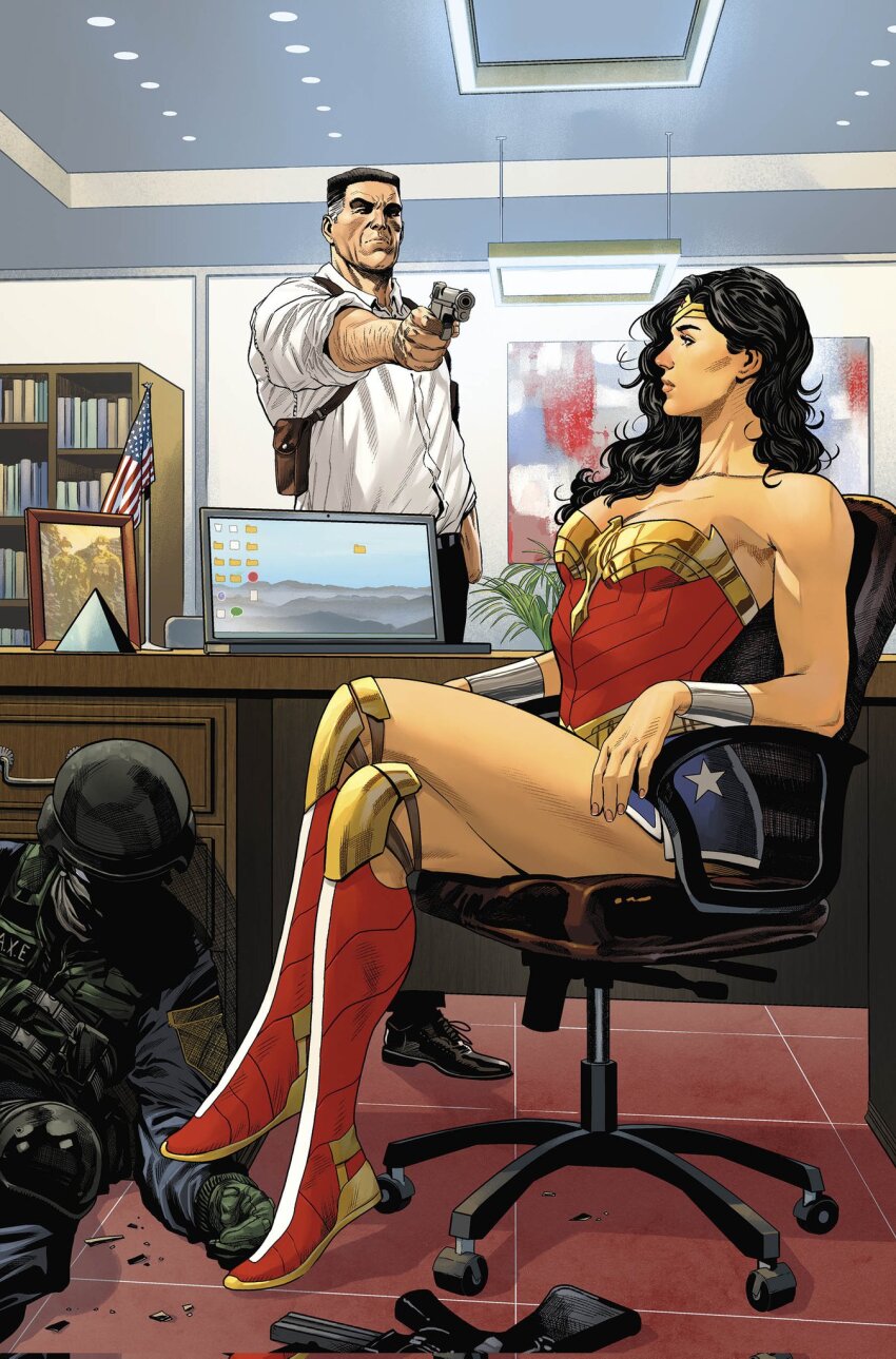 1boy, 1girl, american_flag, artist_collaboration, black_hair, bookshelf, boots, chair, computer, dc_comics, gun, handgun, highres, holding, holding_gun, holding_weapon, indoors, knee_boots, laptop, long_hair, office, office_chair, red_boots, sampere_art, shirt, short_hair, sitting, strapless, swivel_chair, tomeu_morey, weapon, white_shirt, wonder_woman, wonder_woman_(series)