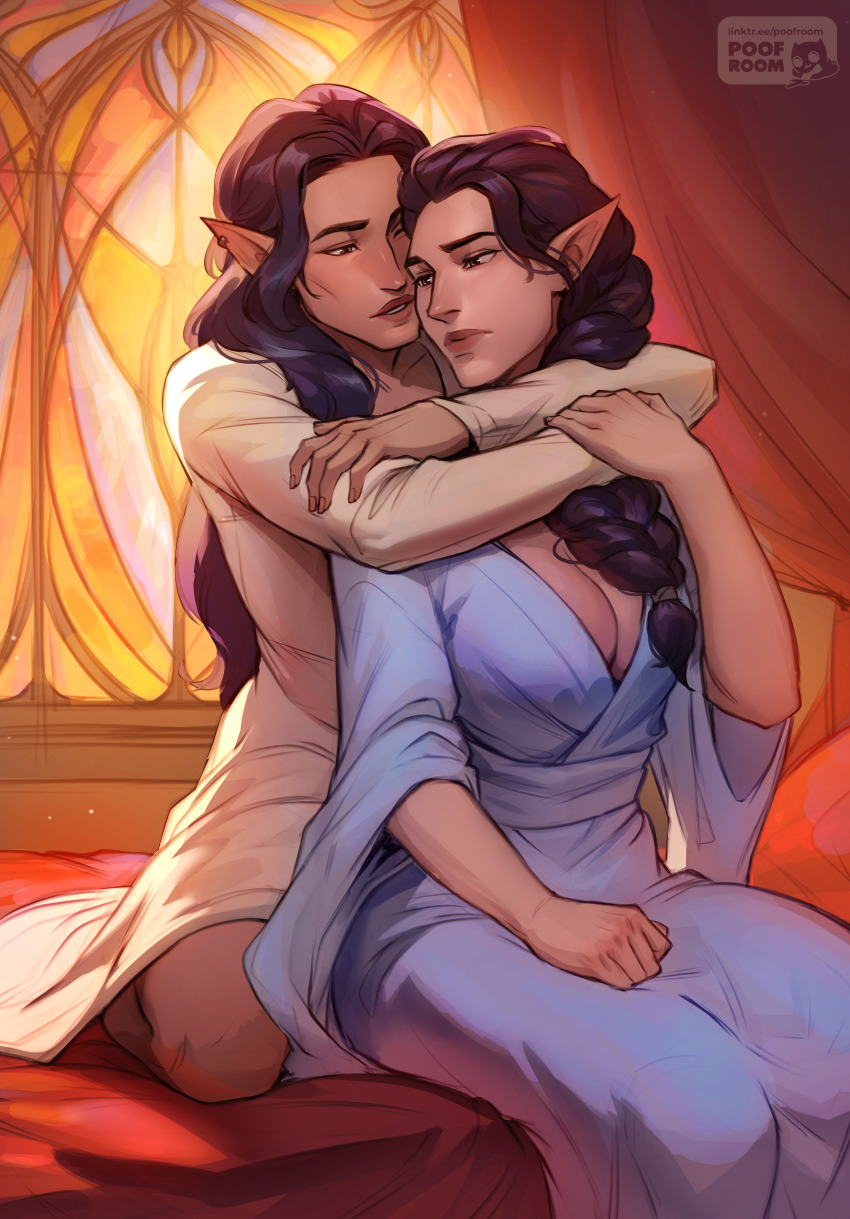 2girls, absurdres, blue_robe, braid, breasts, cheekbones, cleavage, commentary