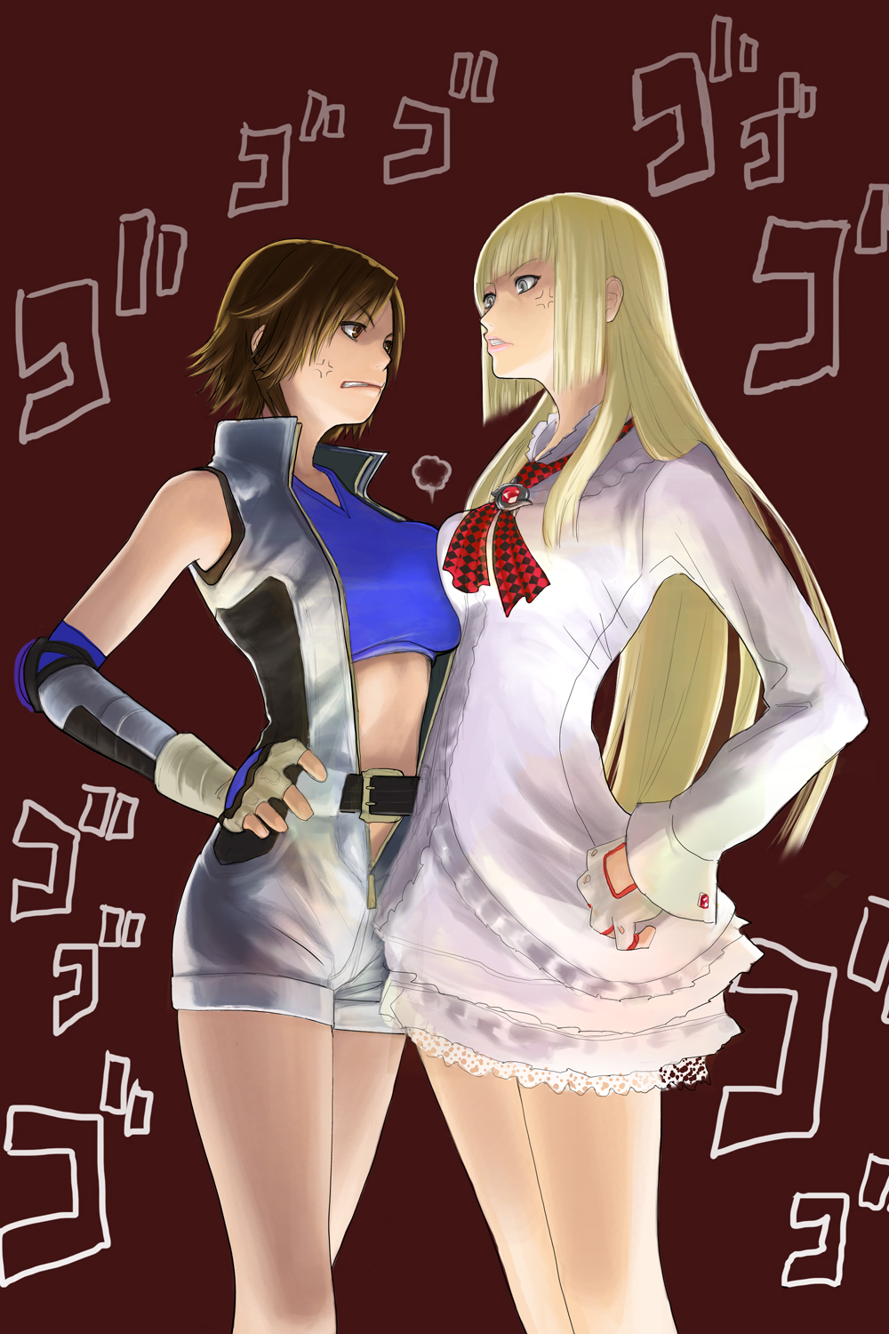 2girls, anger_vein, angry, asymmetrical_docking, bare_shoulders, belt, black_hair, blonde_hair