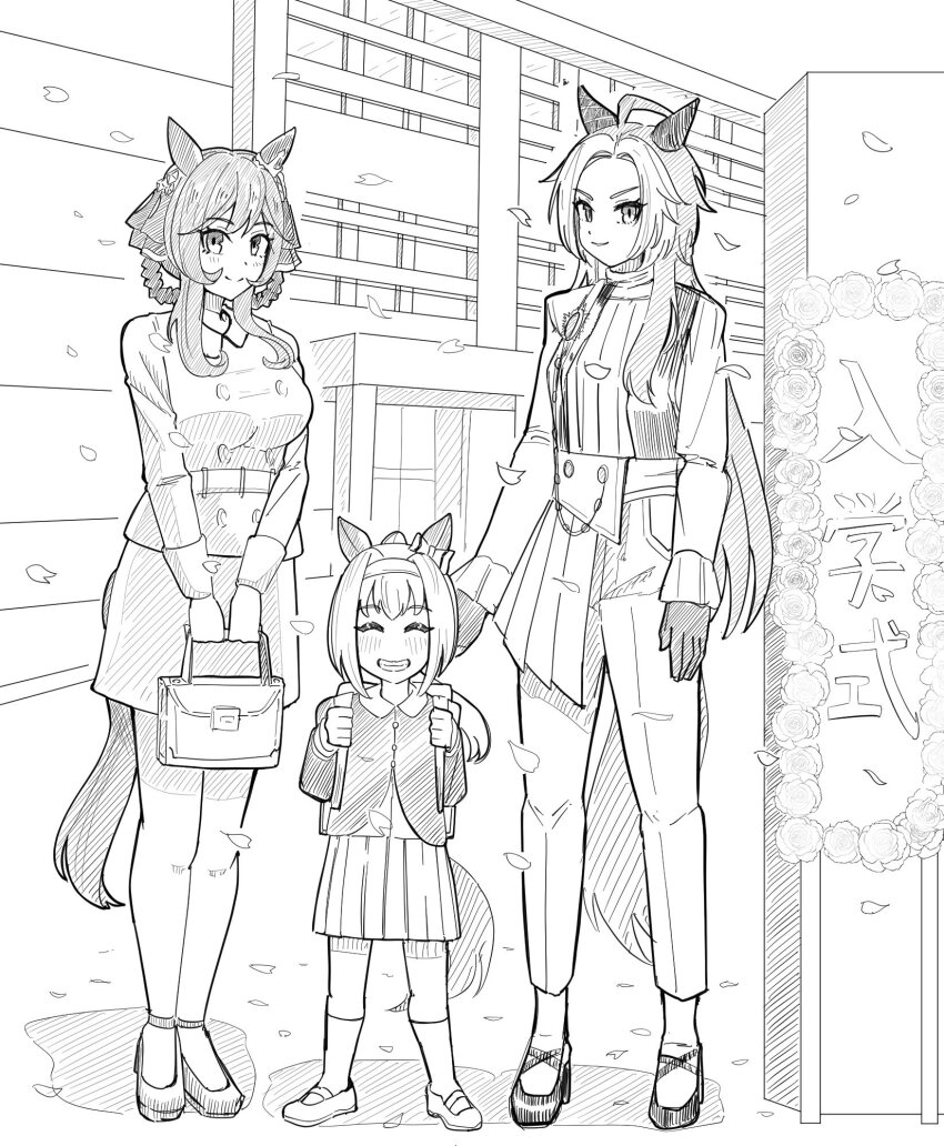 3girls, aged_down, ahoge, animal_ears, backpack, bag, bow, braid