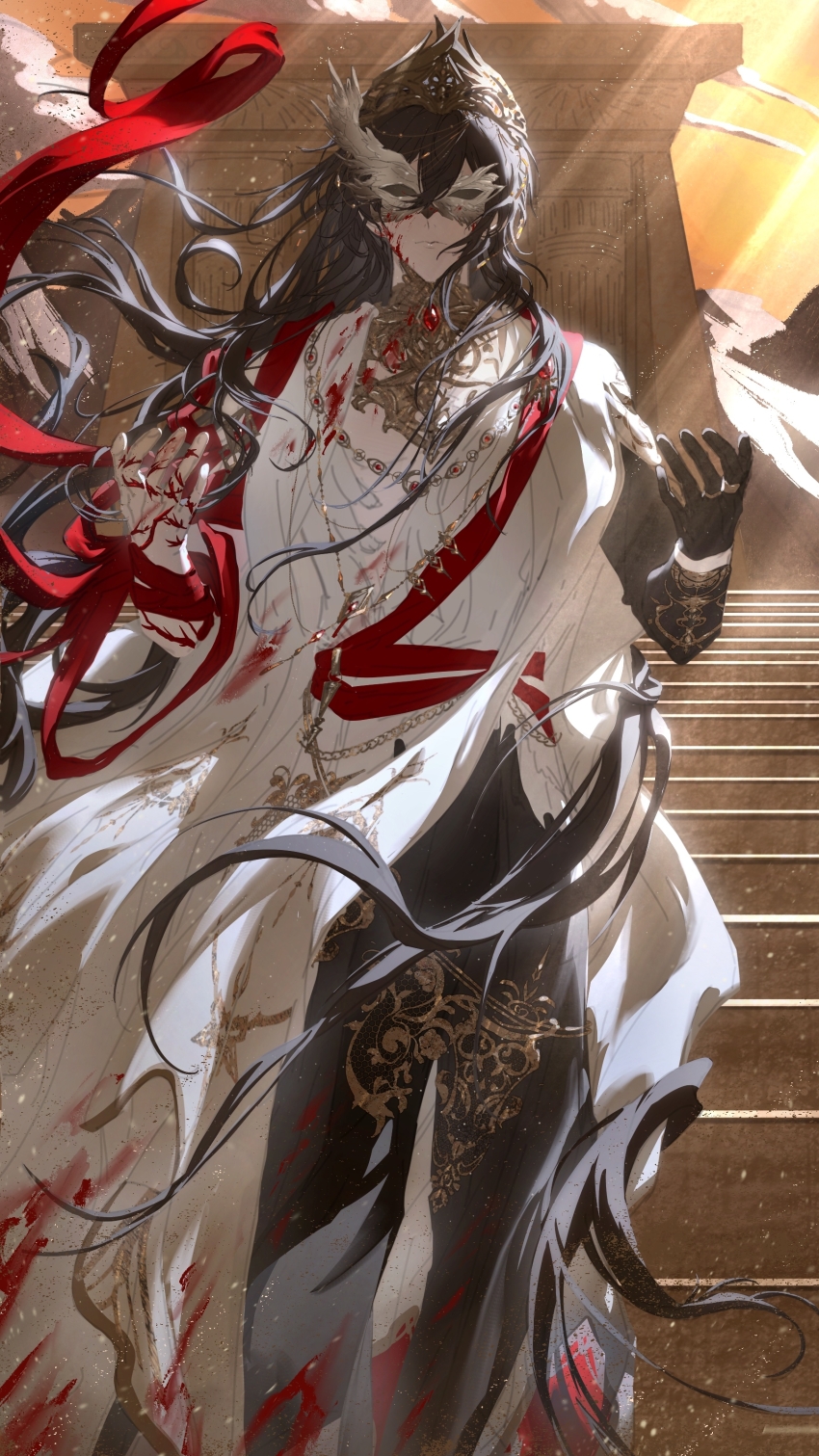 1boy, absurdres, ayn_alwyn, ayn_alwyn_(god_forsaken_land), black_gloves, black_hair, black_pants, blood