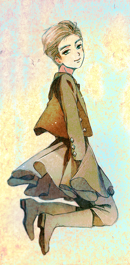 1boy, animification, bad_id, bad_pixiv_id, blue_eyes, boots, brown_hair, crossdressing