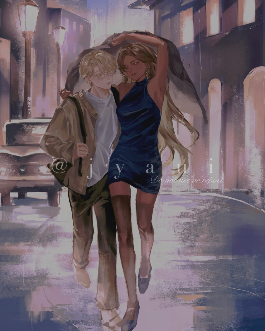 1boy, 1girl, absurdres, alien_stage, artist_name, bag, black_dress, black_pants