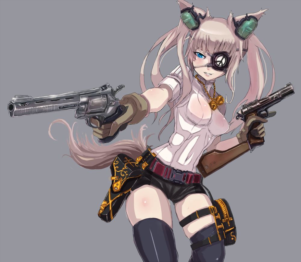 1girl, animal_ears, belt, buckle, character_request, dual_wielding, eyepatch, female_focus, gun, handgun, headphones, holding, magazine_(weapon), original, panzer_(p.z), pistol, raging_bull, revolver, shorts, solo, tail, thighhighs, twintails, weapon