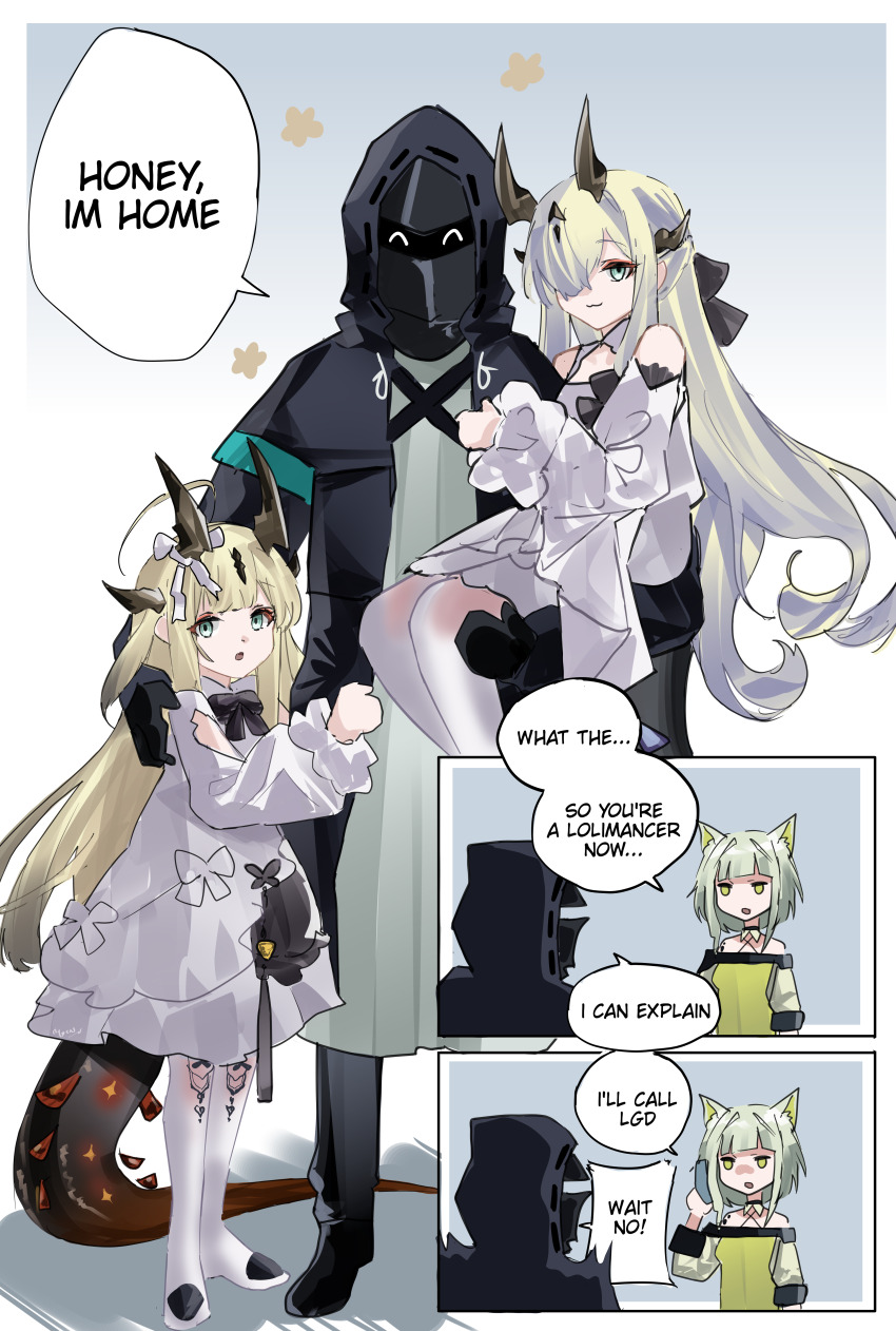 1other, 3girls, :3, ^_^, absurdres, aged_down, arknights, black_gloves