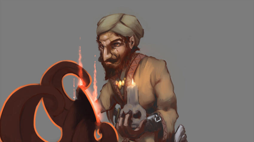 1boy, angry, beard, betawho, darkest_dungeon, facial_hair, grey_background, holding