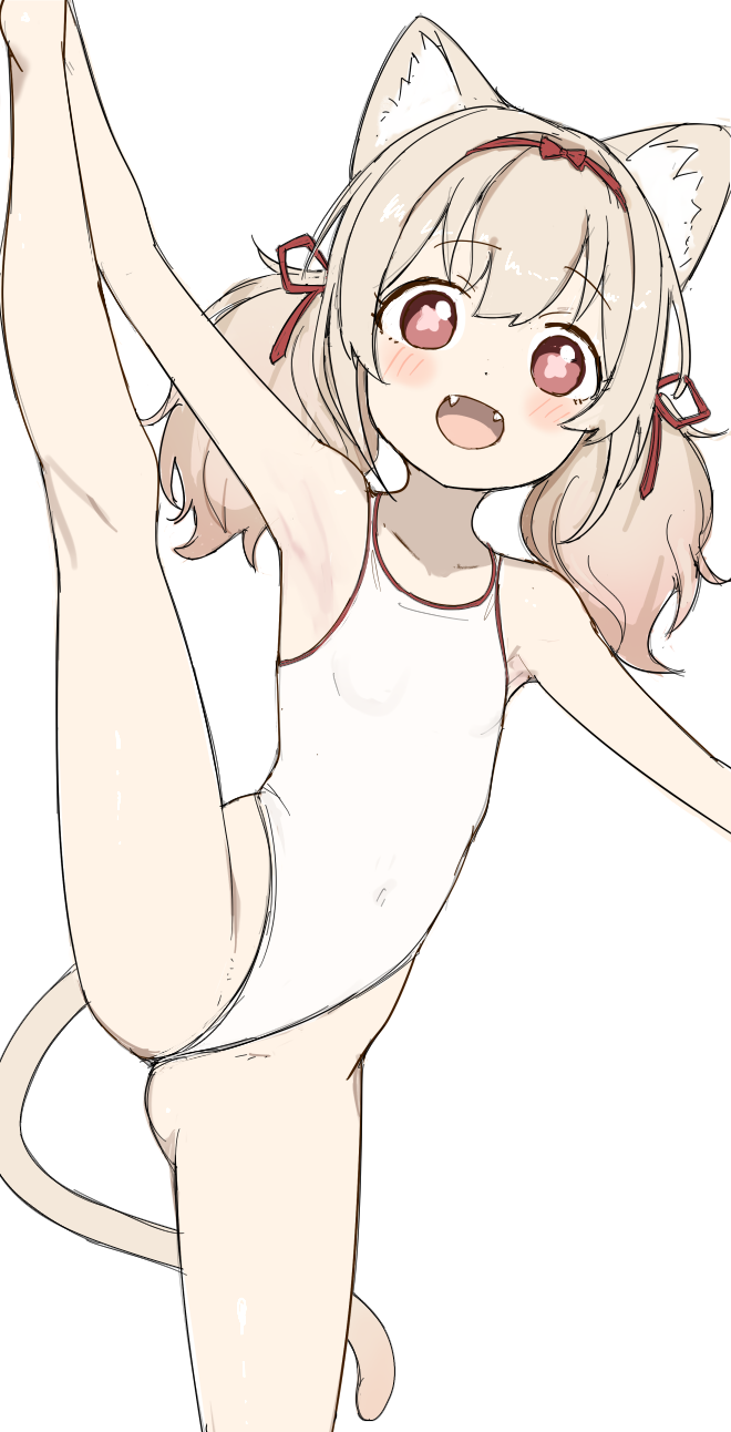 1girl, amai_hiyo, amai_hiyo_(sister), animal_ears, armpits, bare_shoulders, blonde_hair, bow, breasts, cat_ears, cat_girl, cat_tail, commentary_request, fang, flexible, gradient_hair, headband, highres, indie_virtual_youtuber, kumapengu, leg_up, leotard, loli, multicolored_hair, pink_eyes, pink_hair, red_bow, red_headband, red_ribbon, ribbon, short_twintails, small_breasts, solo, split, standing, standing_on_one_leg, standing_split, streaked_hair, symbol-shaped_pupils, tail, thighhighs, twintails, two-tone_hair, virtual_youtuber, white_leotard, white_thighhighs