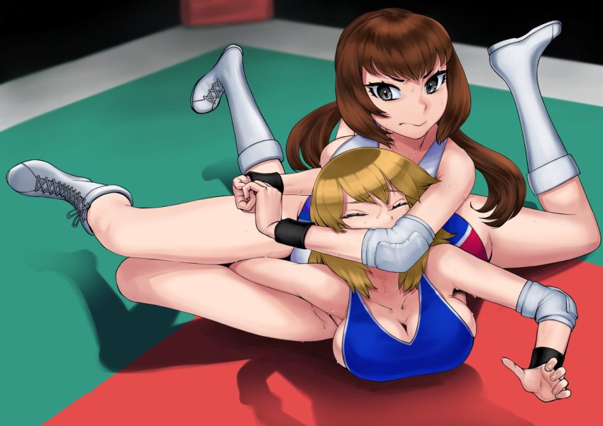 2girls, blonde_hair, breasts, brown_hair, cleavage, commission, crossface, elbow_pads